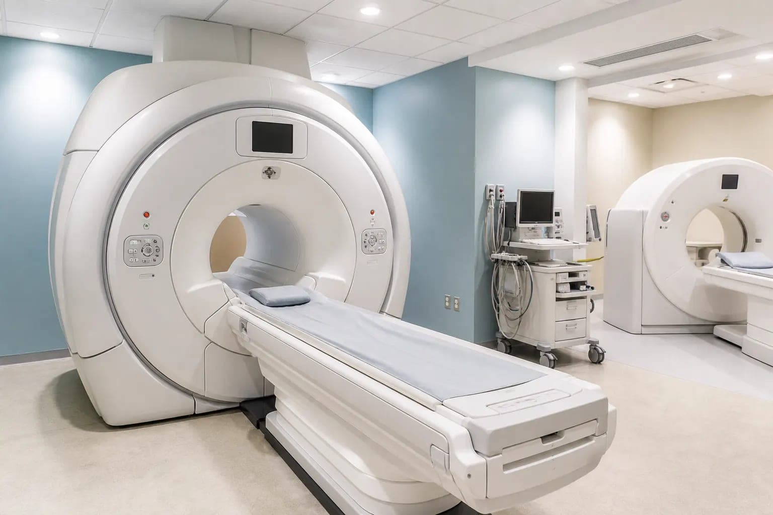Hospital radiology suite with MRI machine, CT scanner, and critical medical equipment