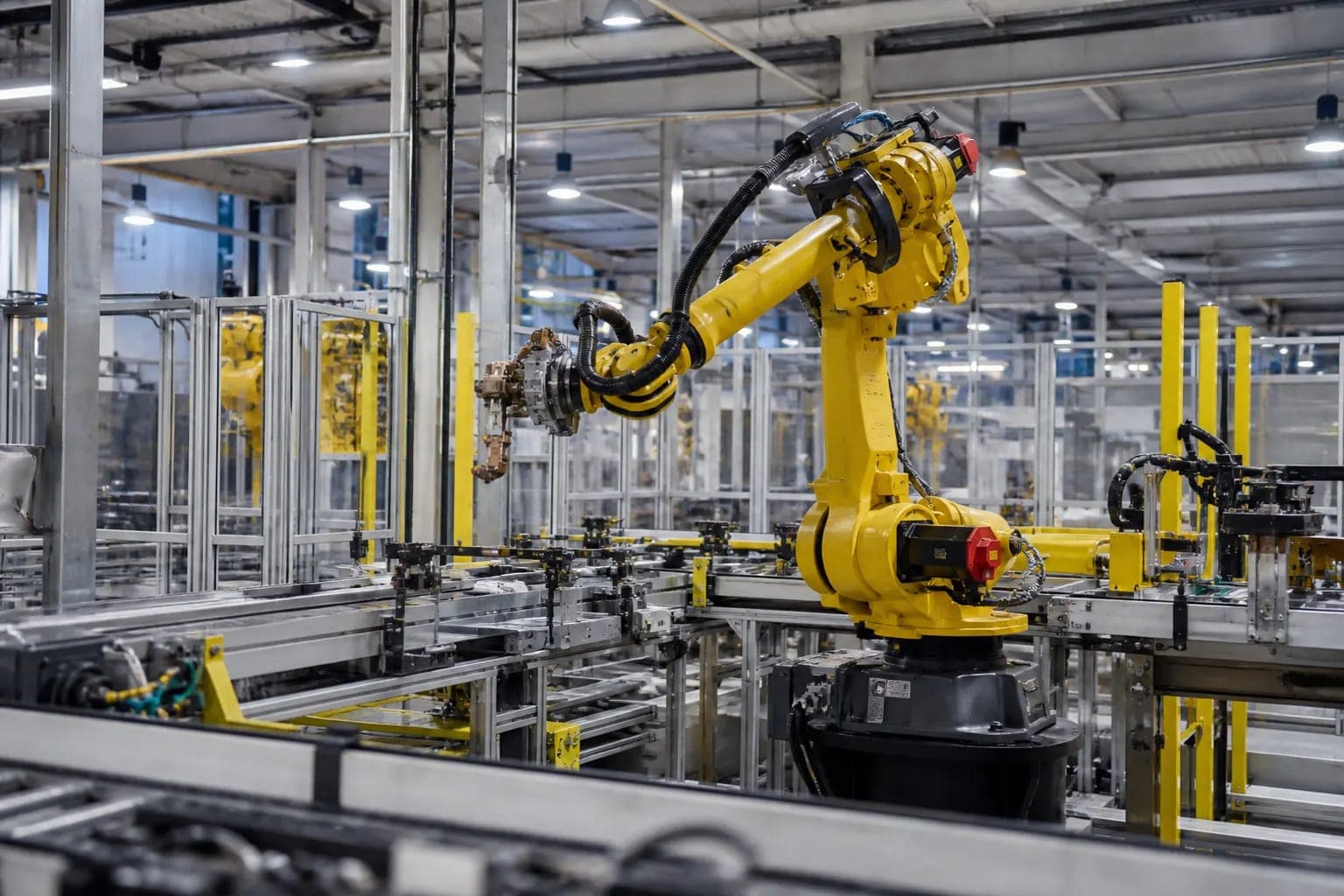 Manufacturing floor with industrial machinery, robotic equipment, and production-line machines