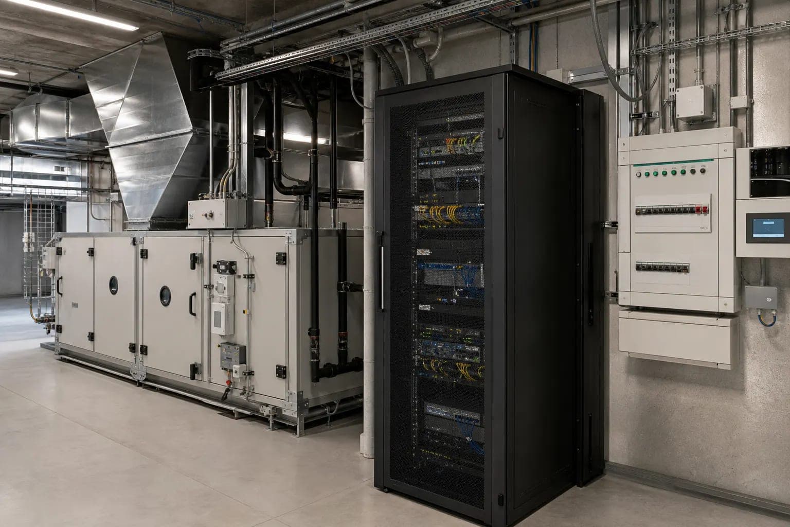 Commercial facility plant room with HVAC equipment, server racks, and smart office infrastructure